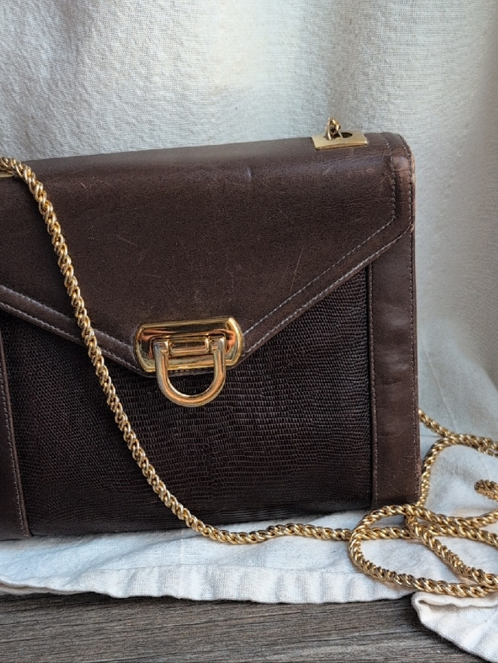 Valentina Rangoni Dark Brown Leather Crossbody with Gold Chain